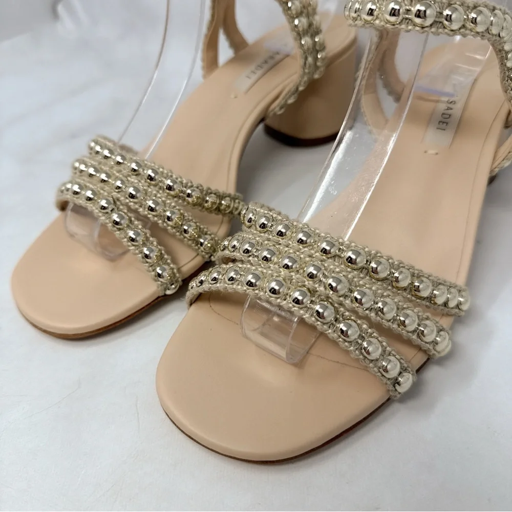 NEW Casadei Studsway Pearl Studded Strappy Open Toe Kitten Block Heel Sandals 36